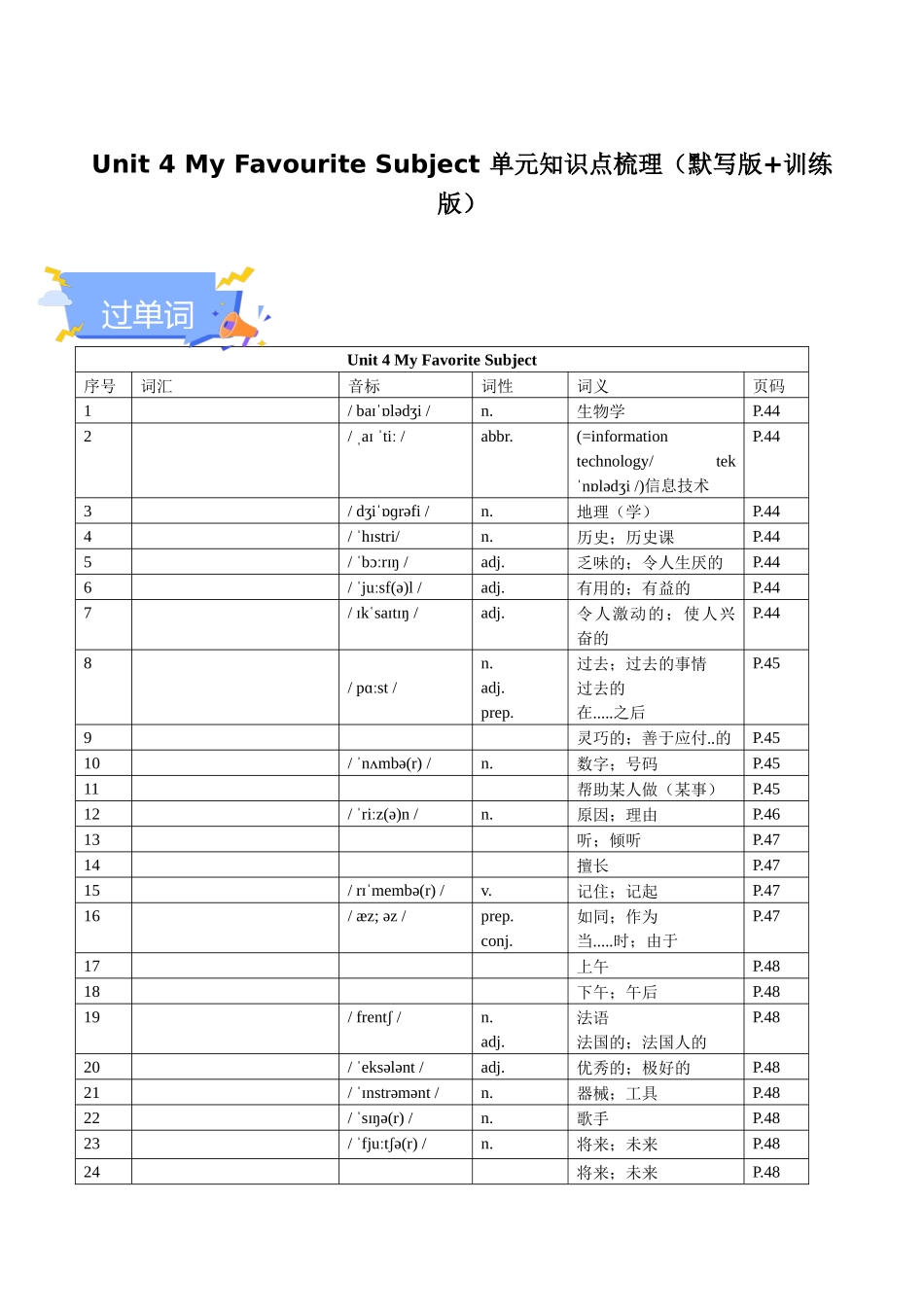 25秋新人教版七年级英语上册-Unit 4 My Favourite Subject 单元知识点梳理（默写版+训练版）.docx_第1页