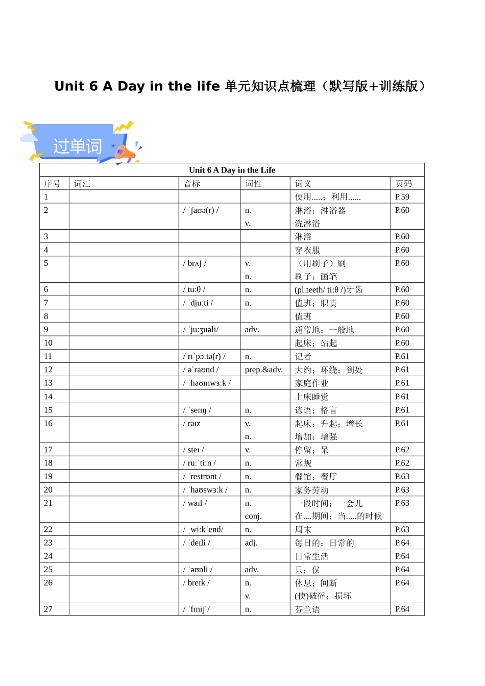 25秋新人教版七年级英语上册-Unit 6 A Day in the life 单元知识点梳理（默写版+训练版）.docx_第1页