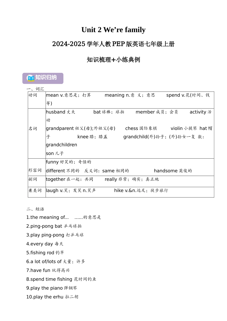 25秋新人教版英语七年级上册 Unit 2 We're family!（知识梳理+小练典例） .docx_第1页