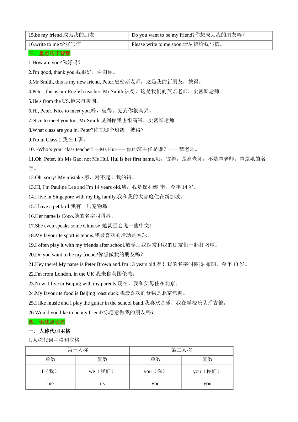 25秋新人教版英语七年级上册 Unit1 You and Me 知识清单（背诵版）.docx_第2页