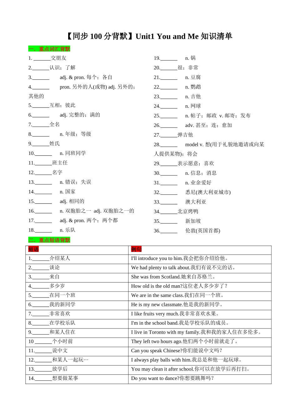 25秋新人教版英语七年级上册 Unit1 You and Me 知识清单（默写版）.docx_第1页