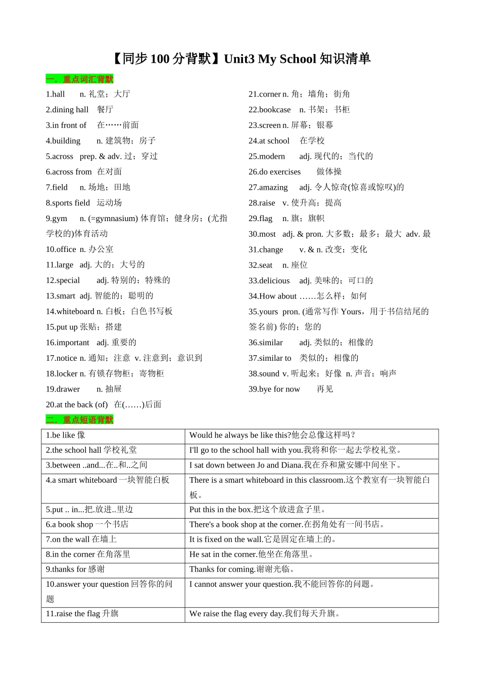 25秋新人教版英语七年级上册 Unit3 My School 知识清单（背诵版）.docx_第1页