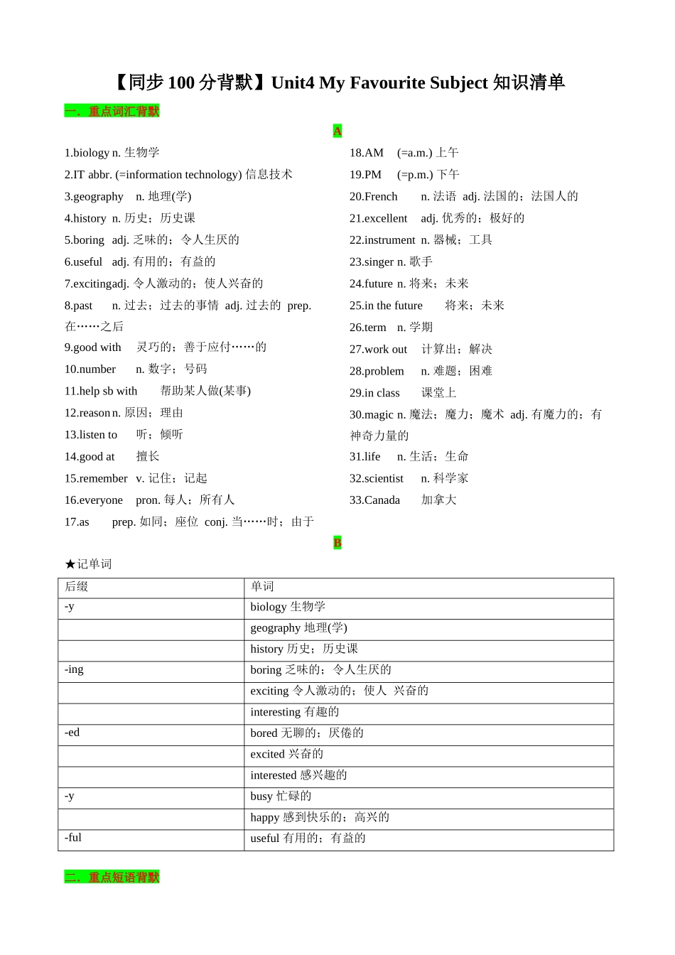 25秋新人教版英语七年级上册 Unit4 My Favourite Subject 知识清单（背诵版）.docx_第1页