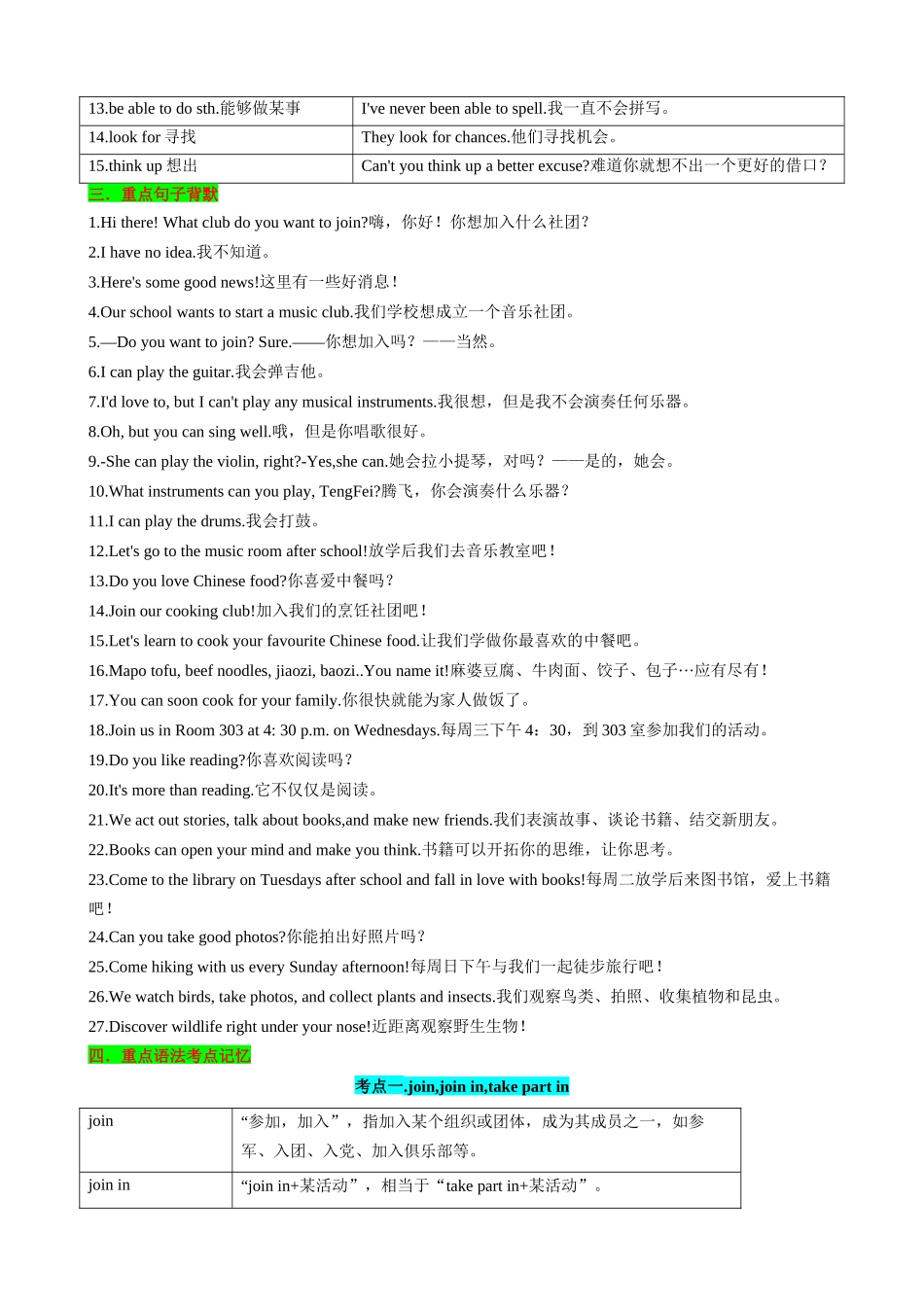 25秋新人教版英语七年级上册 Unit5 Fun Clubs 知识清单（背诵版）.docx_第2页