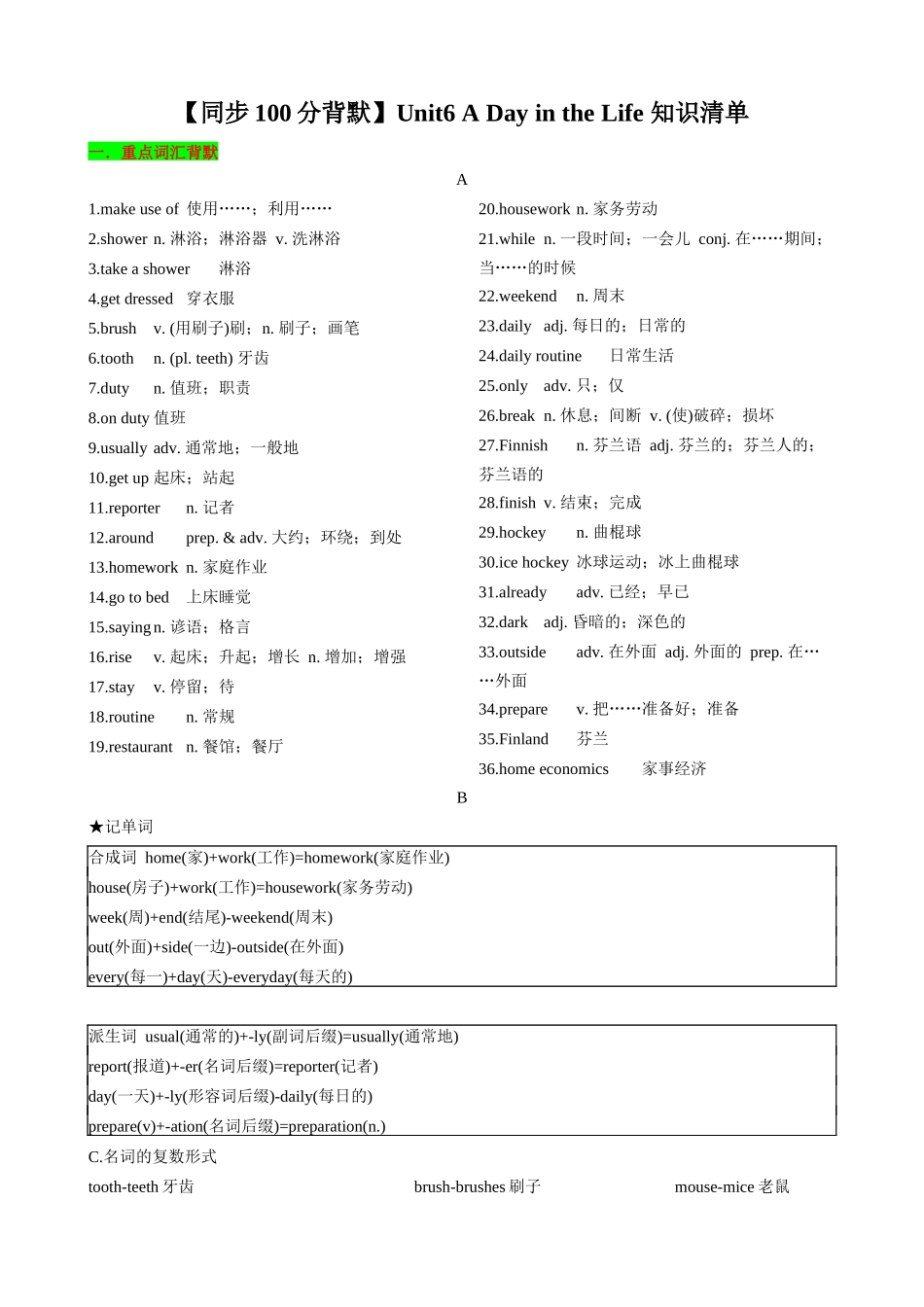 25秋新人教版英语七年级上册 Unit6 A Day in the Life 知识清单（背诵版）.docx_第1页