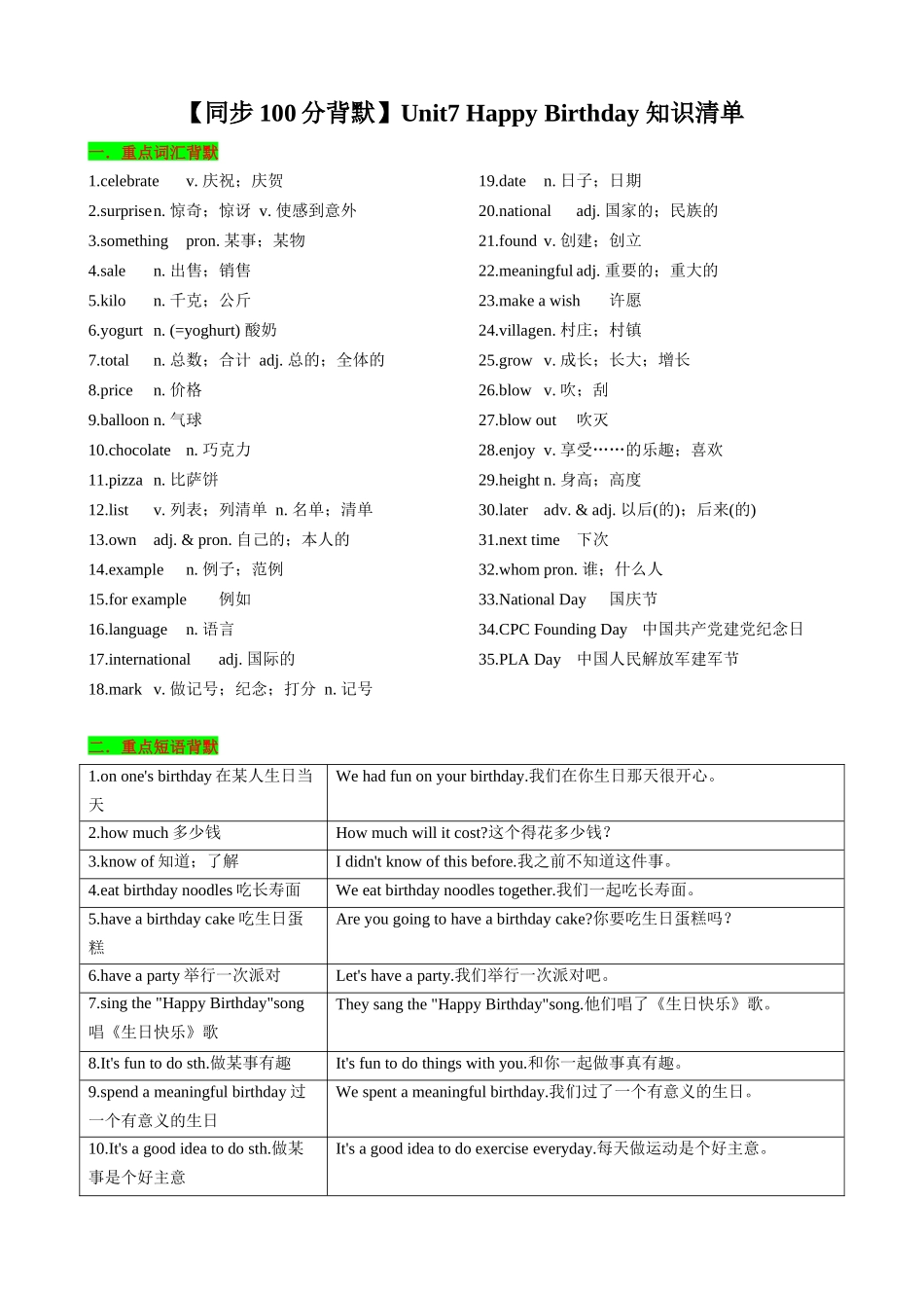 25秋新人教版英语七年级上册 Unit7 Happy Birthday 知识清单（背诵版）.docx_第1页