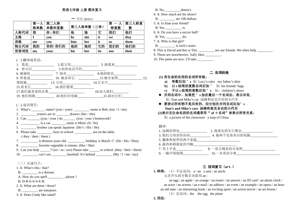 25秋新人教版英语七年级上册-  期末语法复习.doc_第1页