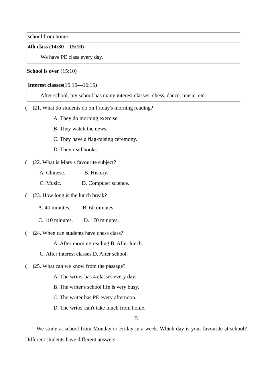 2024-2025学年新人教版七年级英语上册Unit4My Favourite Subject -单元提升检测卷（附答案）.docx_第3页
