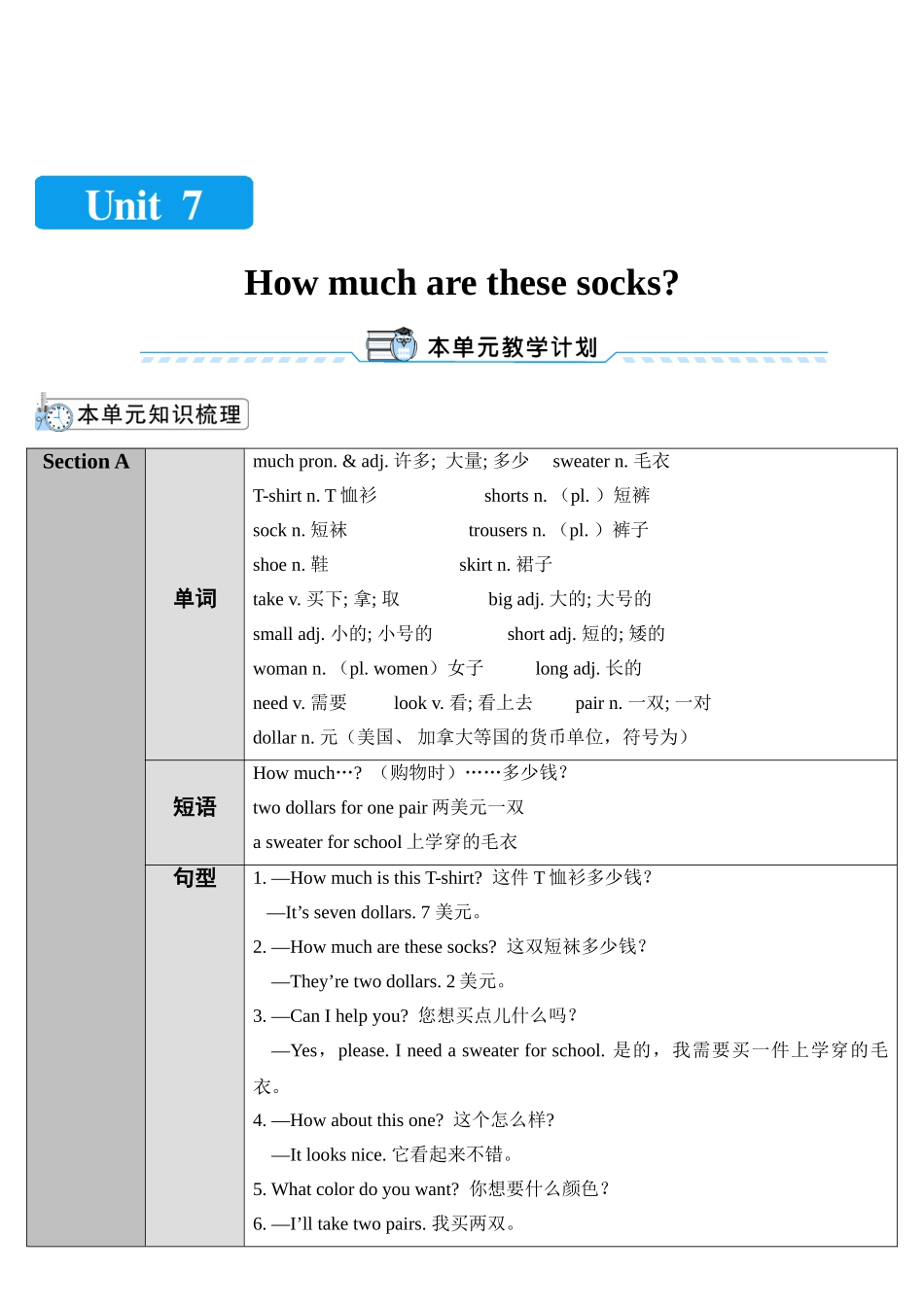 （25秋）新人教版英语七年级上册Unit7  教案（共5课时）.doc_第1页