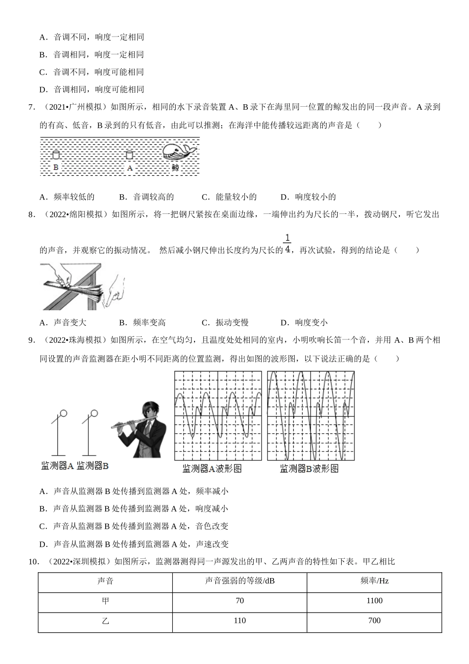 2022-2023学年八年级物理上册学优生期中期末复习难点题型专项突破（人教版）专题06 声音特性的辨别（原卷版）.docx_第2页