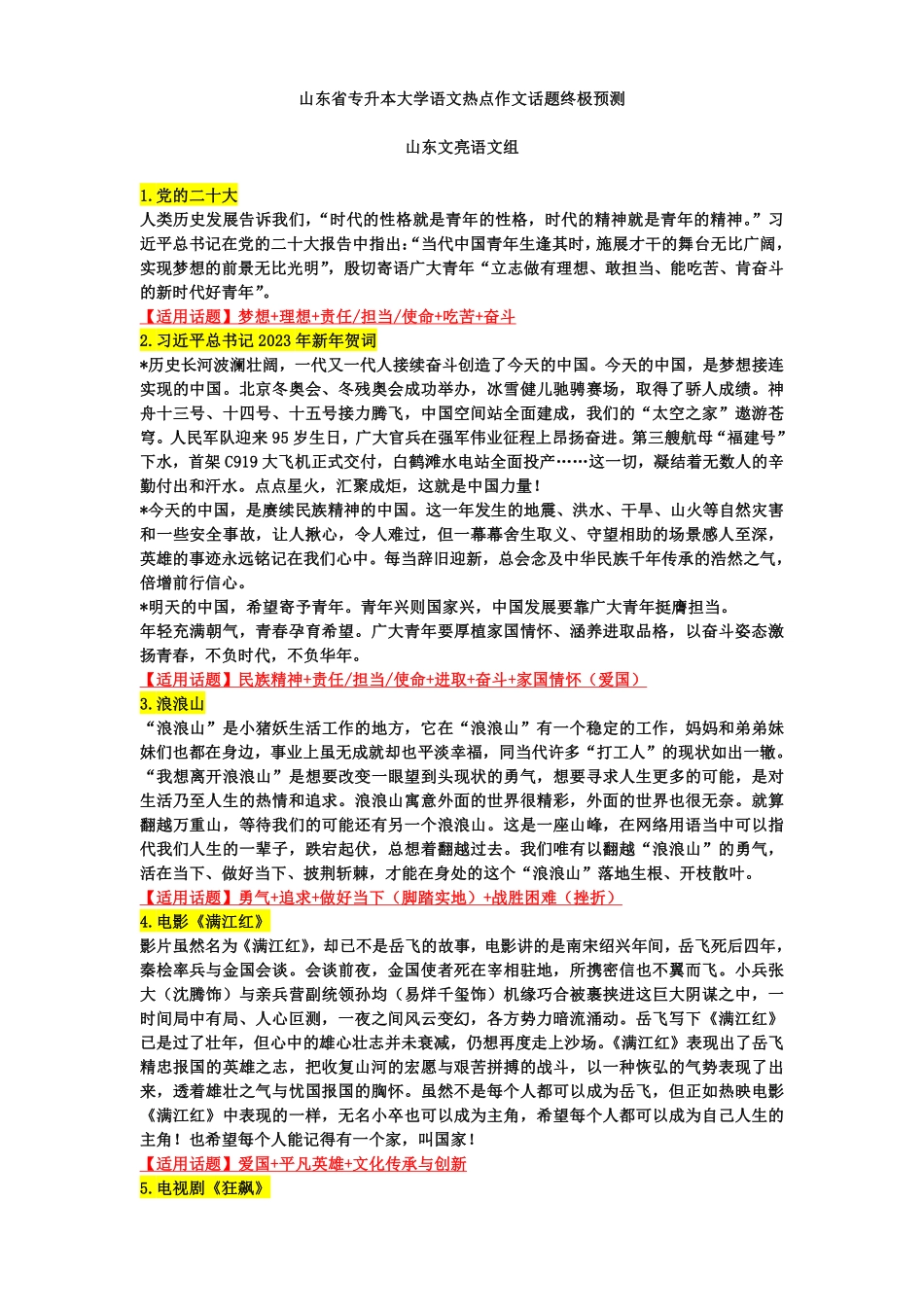 山东省专升本大学语文热点作文话题终极预测.pdf_第1页