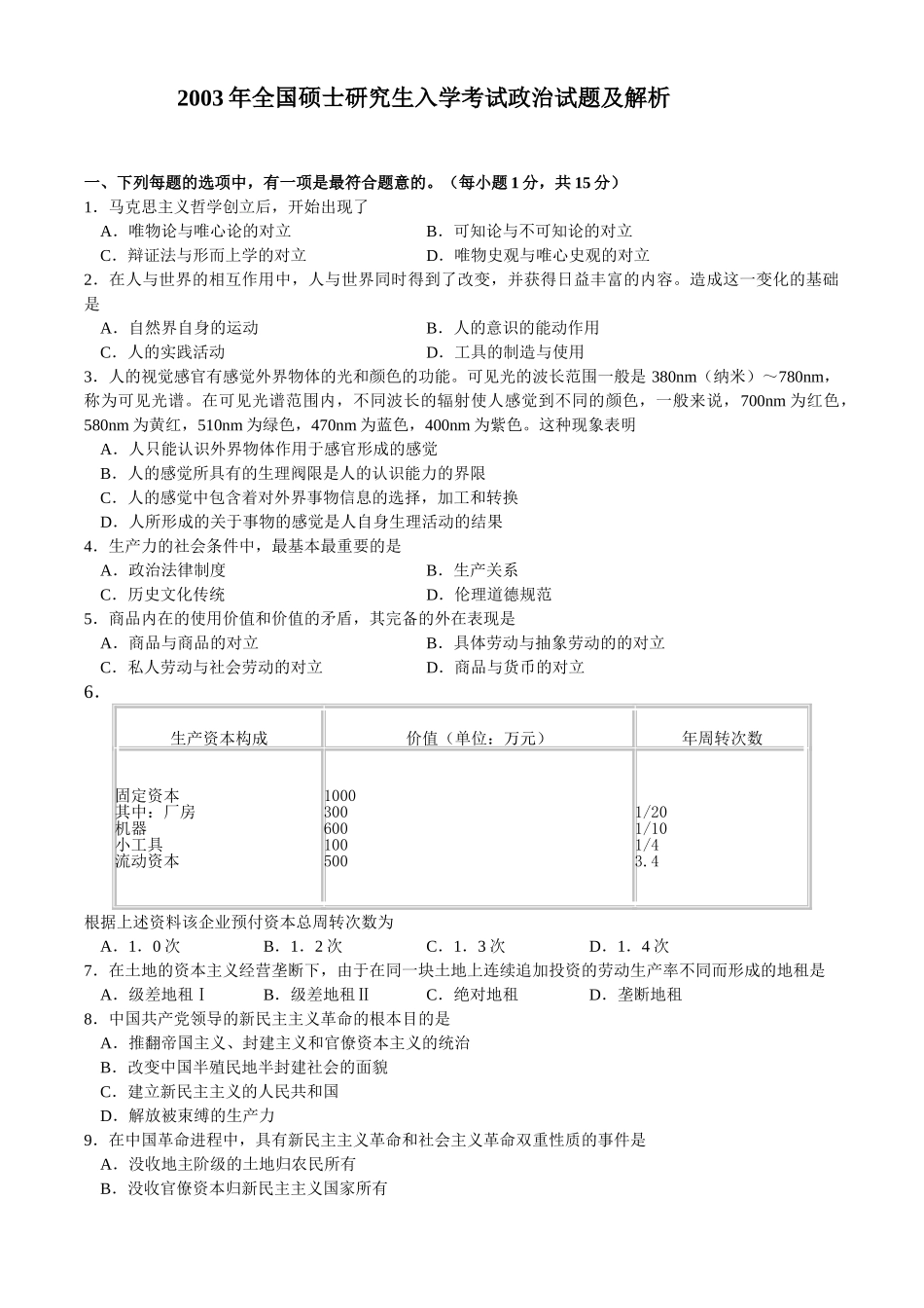 【全国硕士研究生入学统一考试政治】2003年考研政治真题.doc_第1页