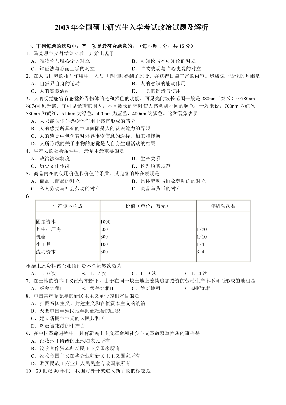 【全国硕士研究生入学统一考试政治】2003年考研政治真题.pdf_第1页