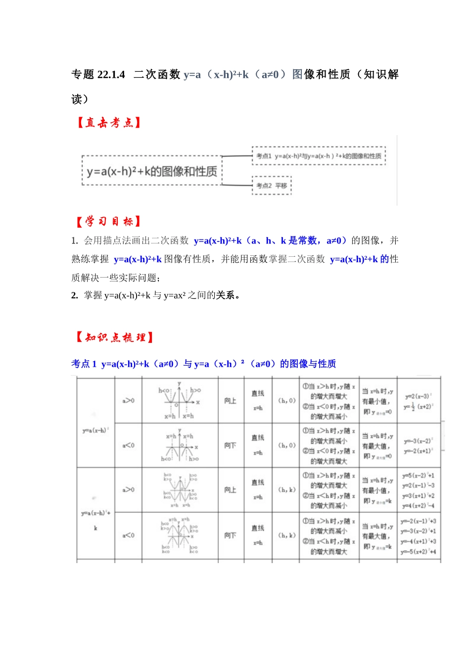 【25-26学年】人教九年级数学上册基础过关练-专题22.1.4  二次函数y=a(x-h)²+k的图像和性质（学生版+名师详解版）.docx_第1页