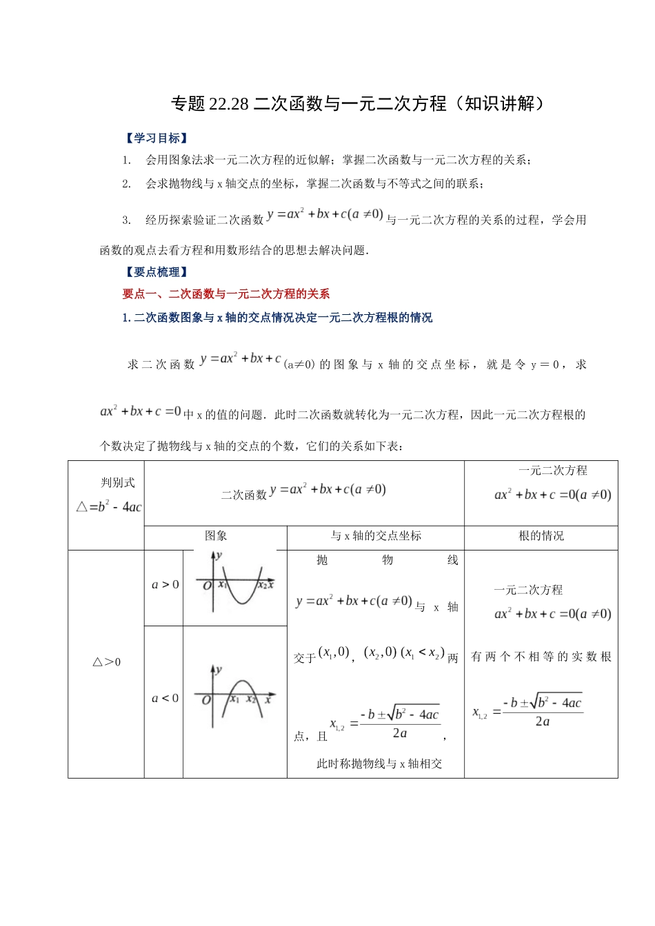 2026中考人教九年级数学上册基础夯实讲练-专题22.28 二次函数与一元二次方程（知识讲解）（附名师详解）.docx_第1页