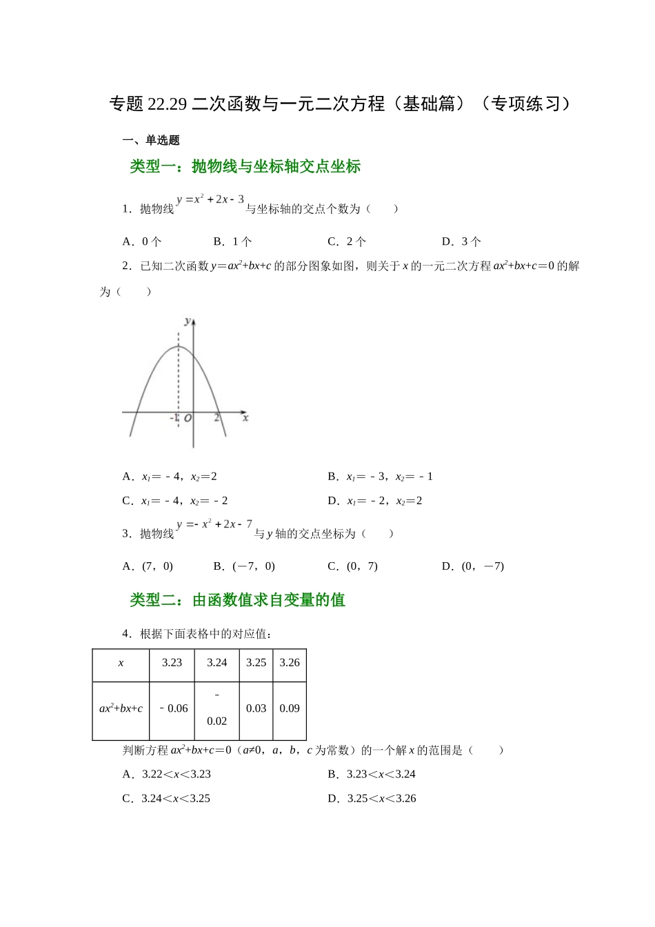 2026中考人教九年级数学上册基础夯实讲练-专题22.29 二次函数与一元二次方程（基础篇）（附名师详解）.docx_第1页