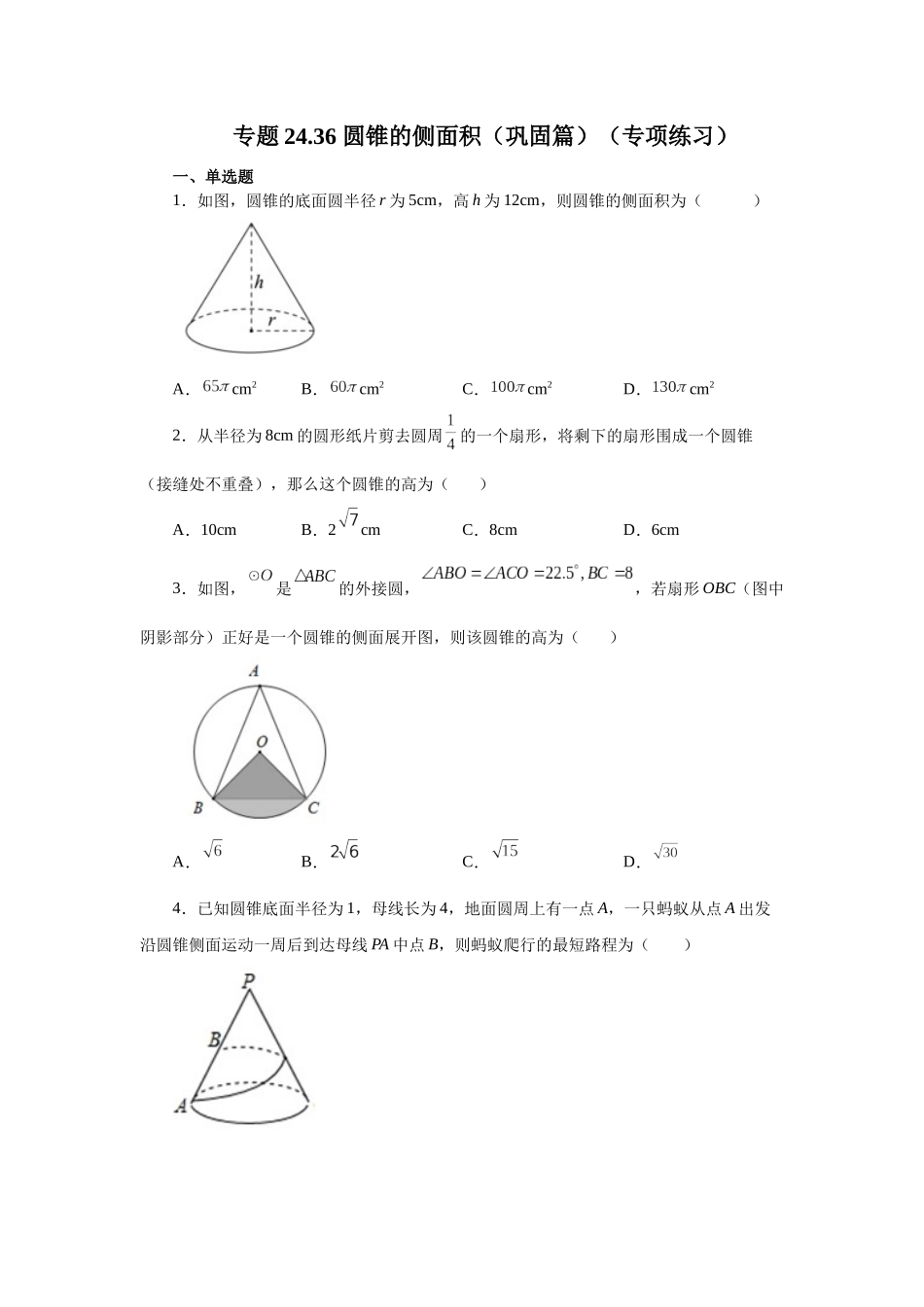 2026中考人教九年级数学上册基础夯实讲练-专题24.36 圆锥的侧面积（巩固篇）（附名师详解）.docx_第1页