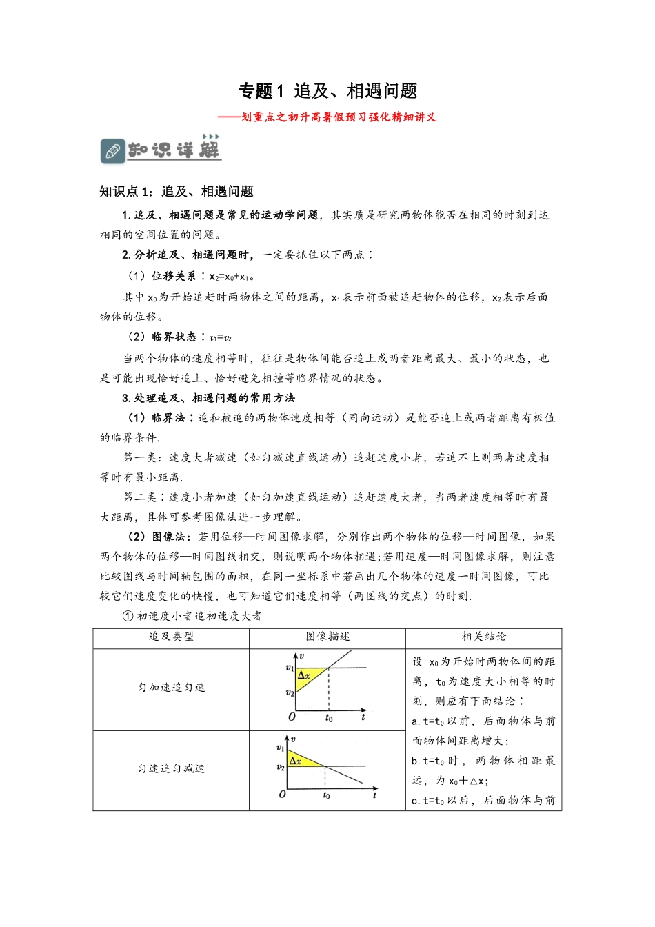 2.5 专题1：追及相遇问题（讲义）-初升高物理暑假预习精品课（人教版）（教师版）.docx_第1页
