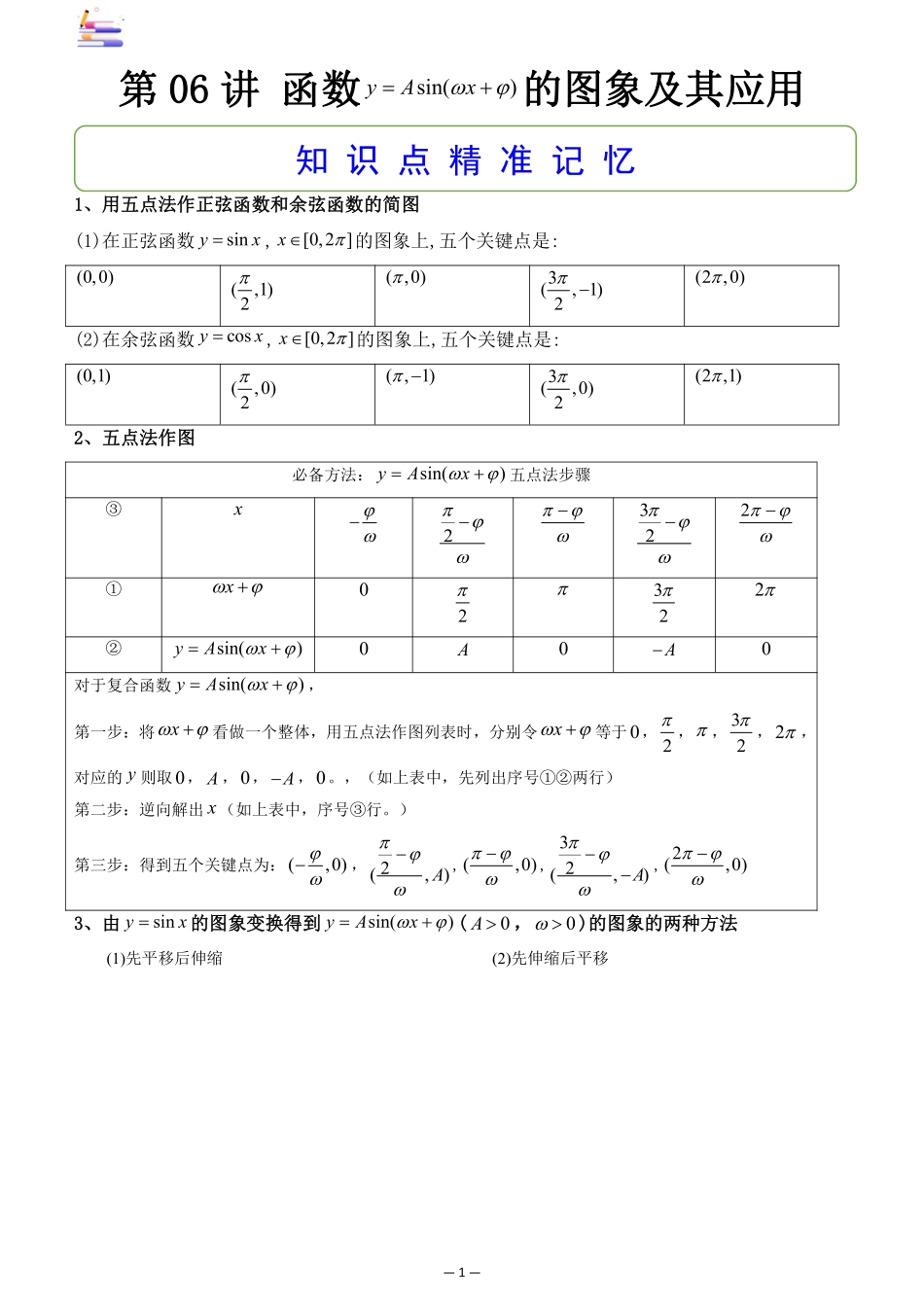2024版零基础一轮复习数学讲义-第06讲 函数y=Asin(wx+q)的图象及其应用.pdf_第1页