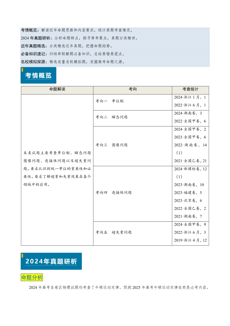 2024年高考《物理真题题源解密》专项突破专题04 动力学瞬态、连接体、超失重、图像问题（原卷版）.pdf_第1页