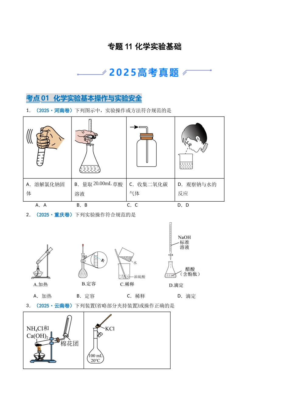 2025年高考化学真题分类汇编-专题11 化学实验基础（原卷版）.docx_第1页