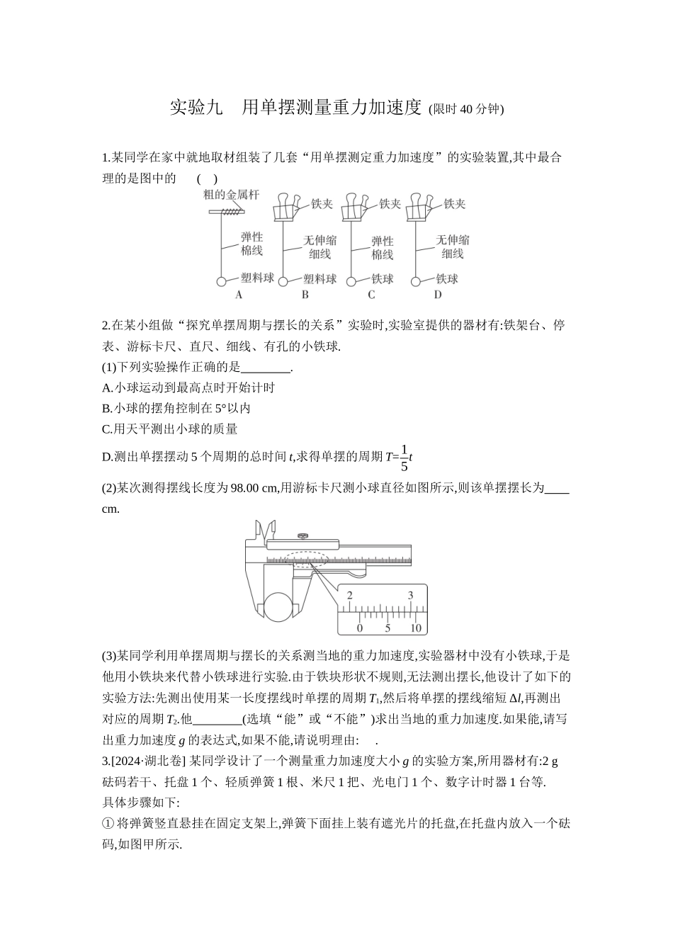 2026年全品选考复习方案物理02 实验九　用单摆测量重力加速度 【正文】作业正文.docx_第1页