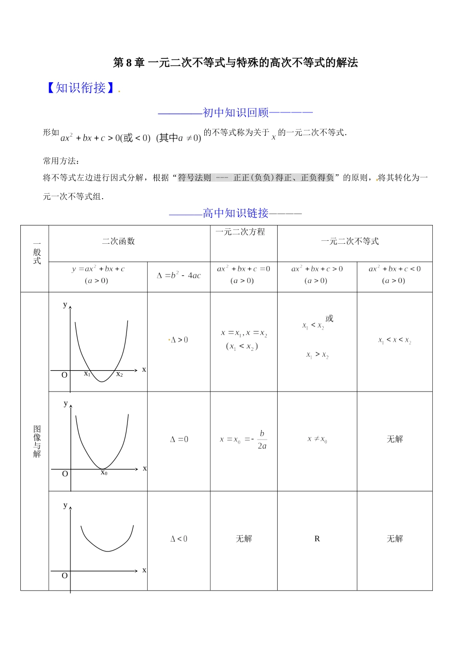 初升高数学衔接教材讲义系列第08章 一元二次不等式与特殊的高次不等式的解法（原卷版）.doc_第1页