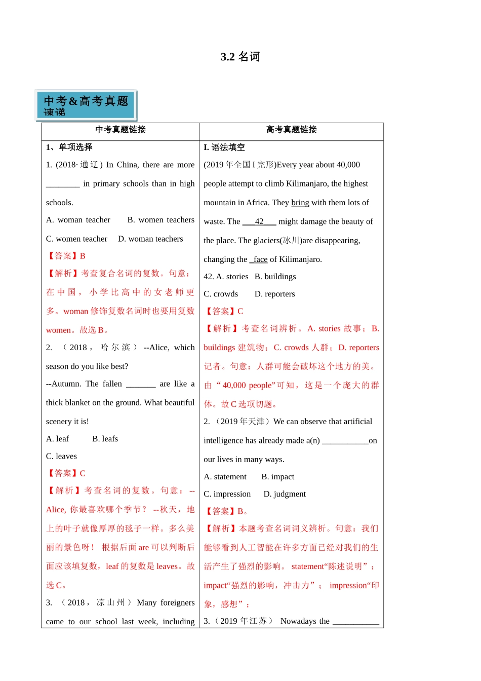 初升高英语衔接教材讲义系列专题3.2 名词（讲义）.doc_第1页