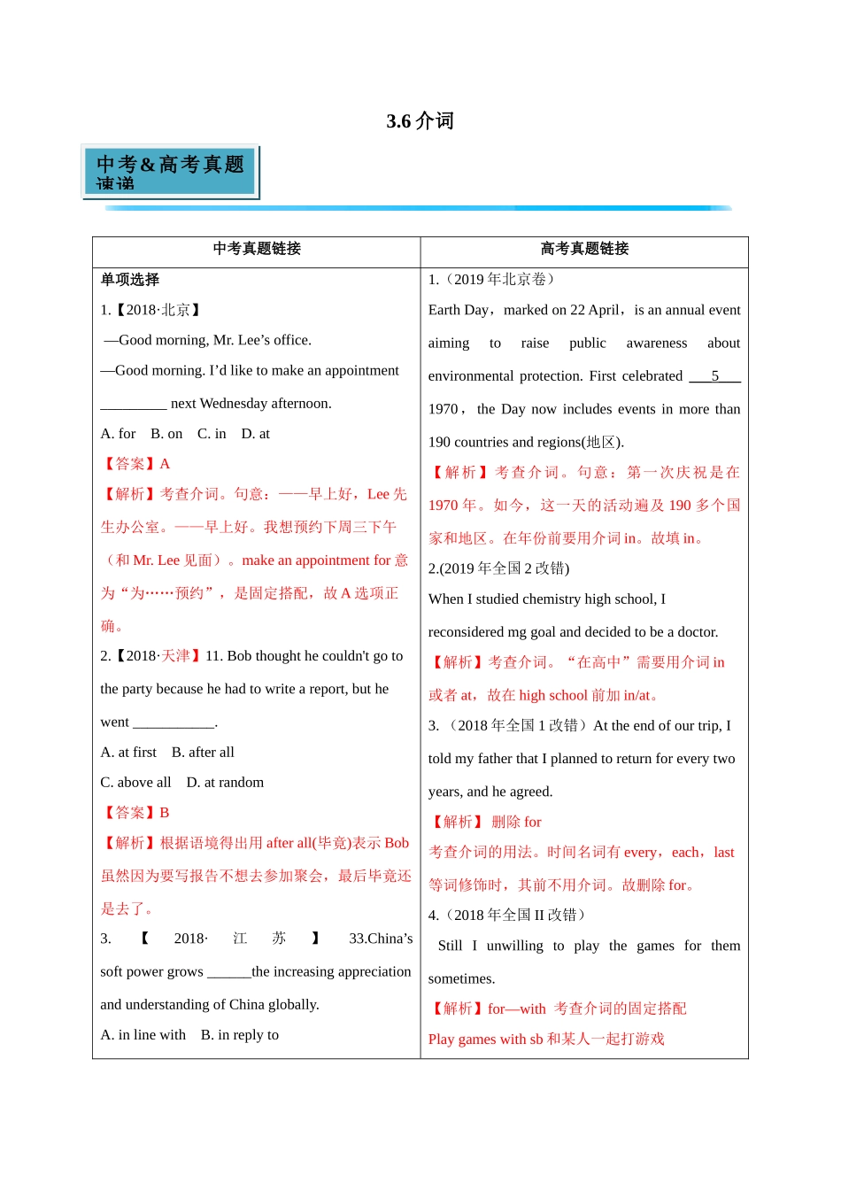 初升高英语衔接教材讲义系列专题3.6 介词（讲义）.doc_第1页