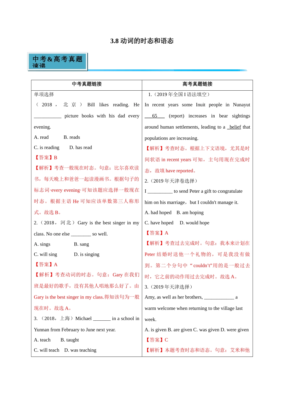 初升高英语衔接教材讲义系列专题3.8 动词的时态和语态（讲义）.doc_第1页