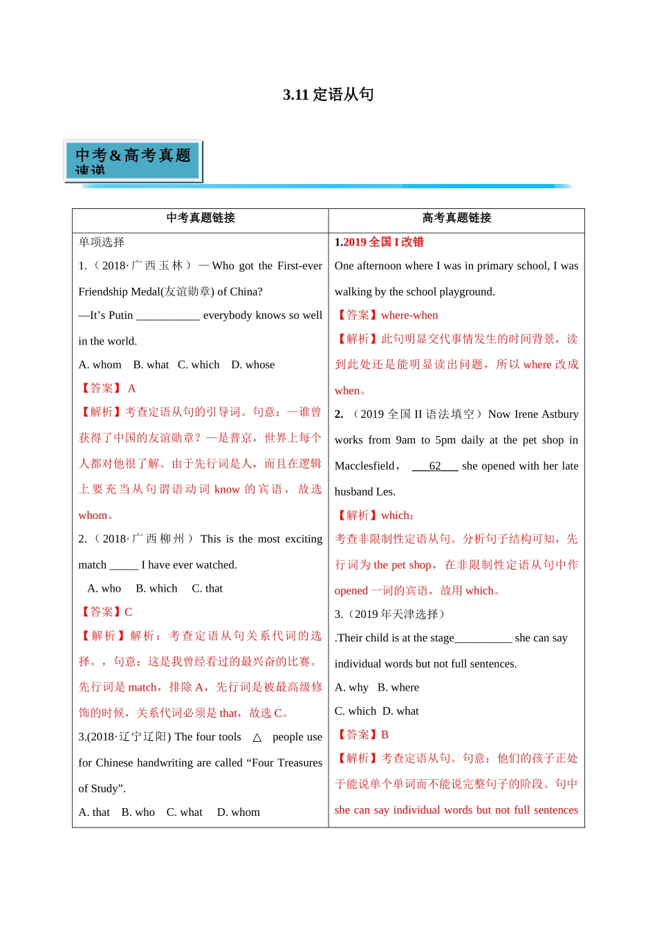 初升高英语衔接教材讲义系列专题3.11 定语从句（讲义）.doc_第1页