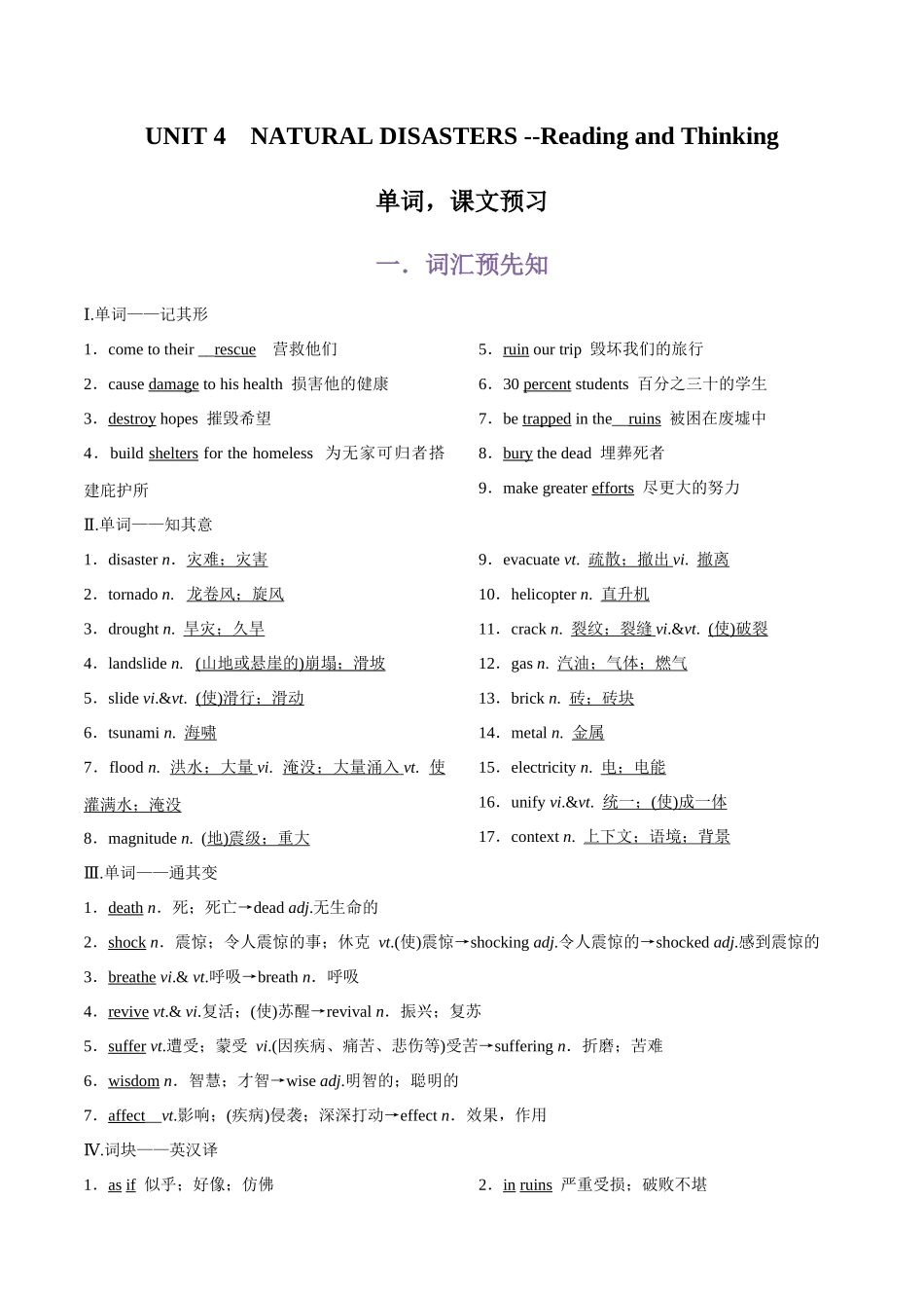第2部分-专题27.必修第一册UNIT 4    NATURAL DISASTERS --Reading and Thinking单词，课文预习（教师版）-初升高英语暑假衔接.docx_第1页