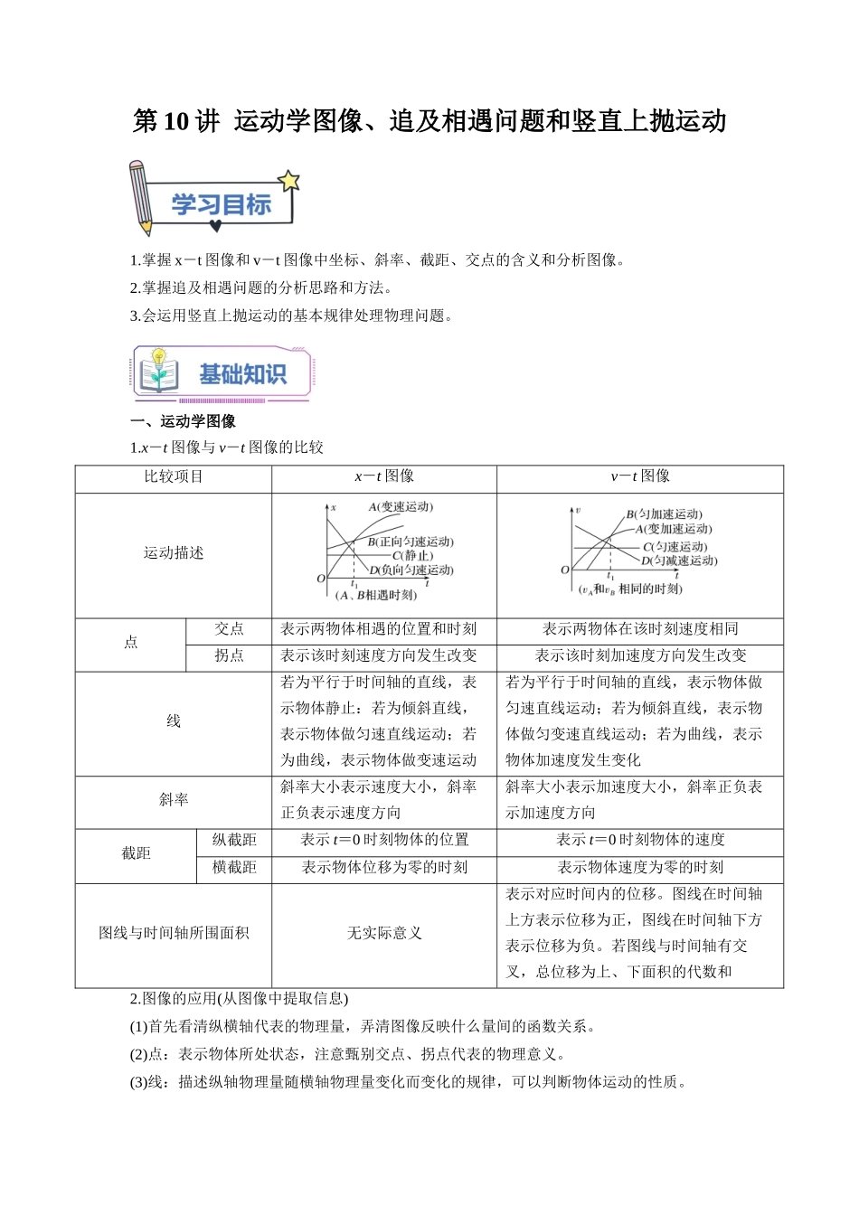 第10讲 运动学图像、追及相遇问题和竖直上抛运动（教师版）-初升高物理暑假衔接（人教版）.docx_第1页