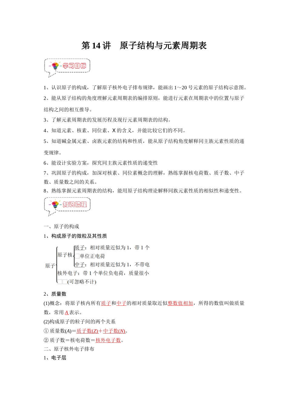 第14讲  原子结构与元素周期表 -【暑假衔接】新高一化学暑假精品课（人教版）（教师版).docx_第1页