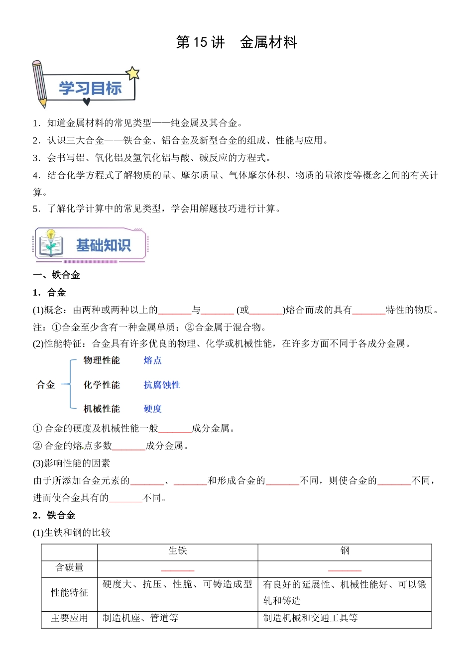 第15讲 金属材料-【学生版】新高一化学暑假衔接（人教版）.docx_第1页