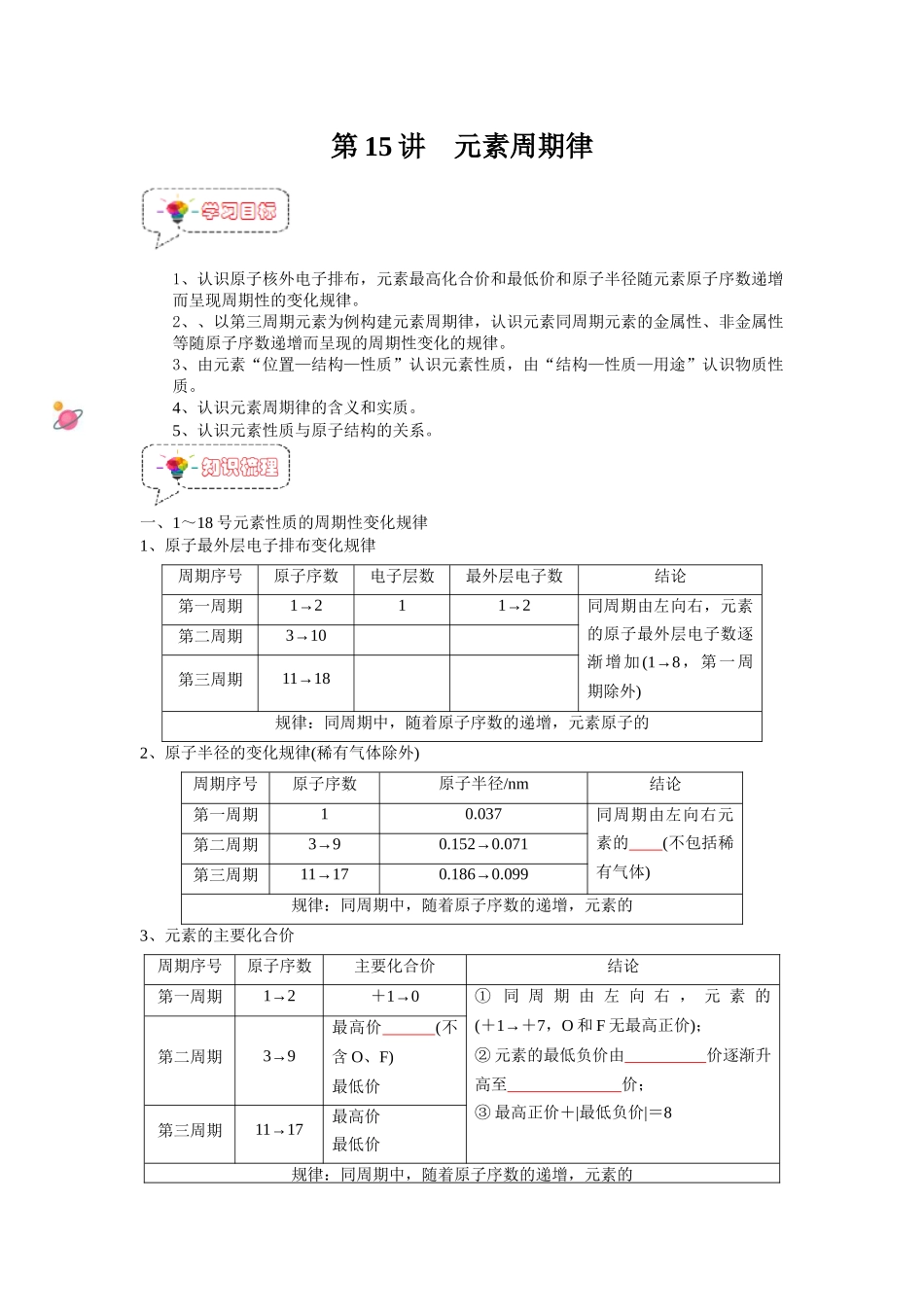 第15讲 元素周期律 -【暑假衔接】新高一化学暑假精品课（人教版）（学生版).docx_第1页