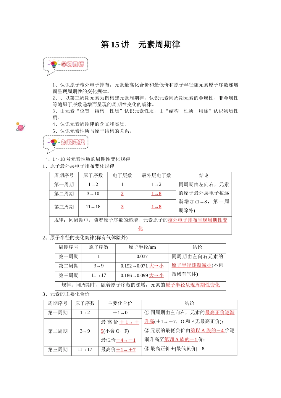 第15讲 元素周期律-【暑假衔接】新高一化学暑假精品课（人教版）（教师版).docx_第1页