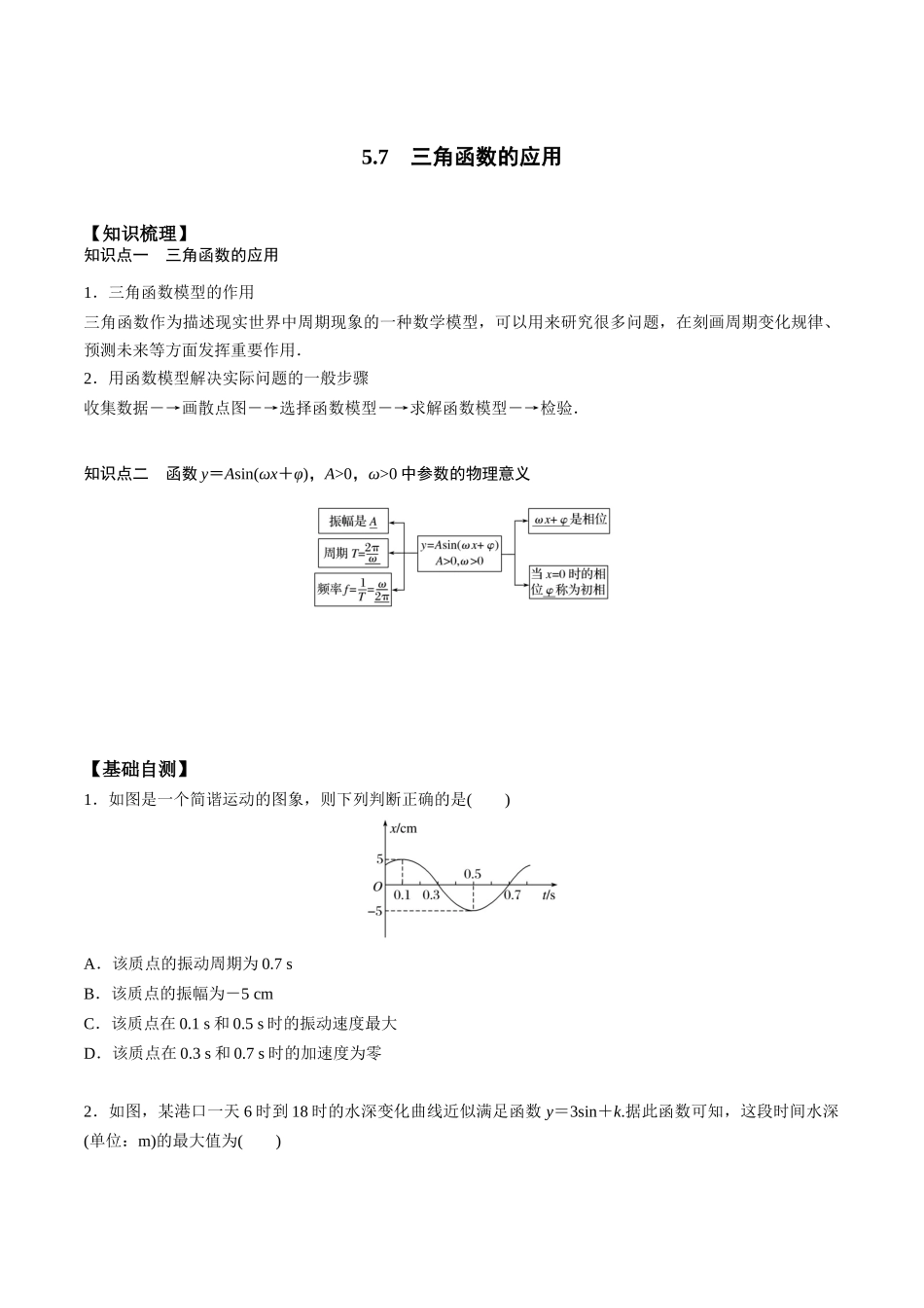 高一预习-5.7 三角函数的应用（学生版）-初升高数学暑假衔接（人教版）.docx_第1页