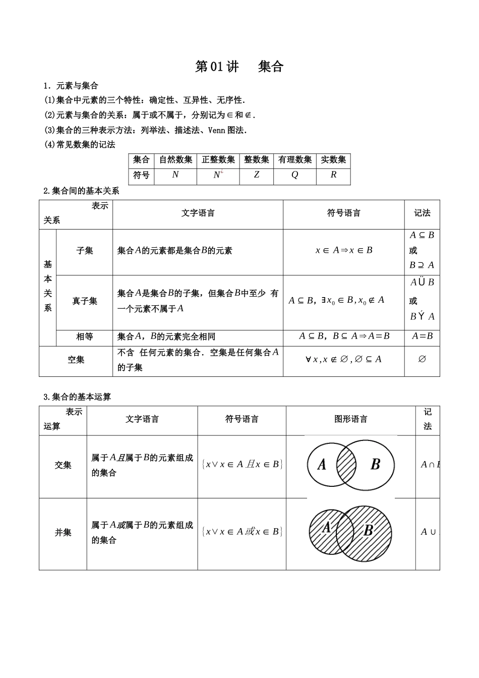 数学一轮复习上册（适合艺术生、基础生）-第01讲 集合（解析版） .docx_第1页