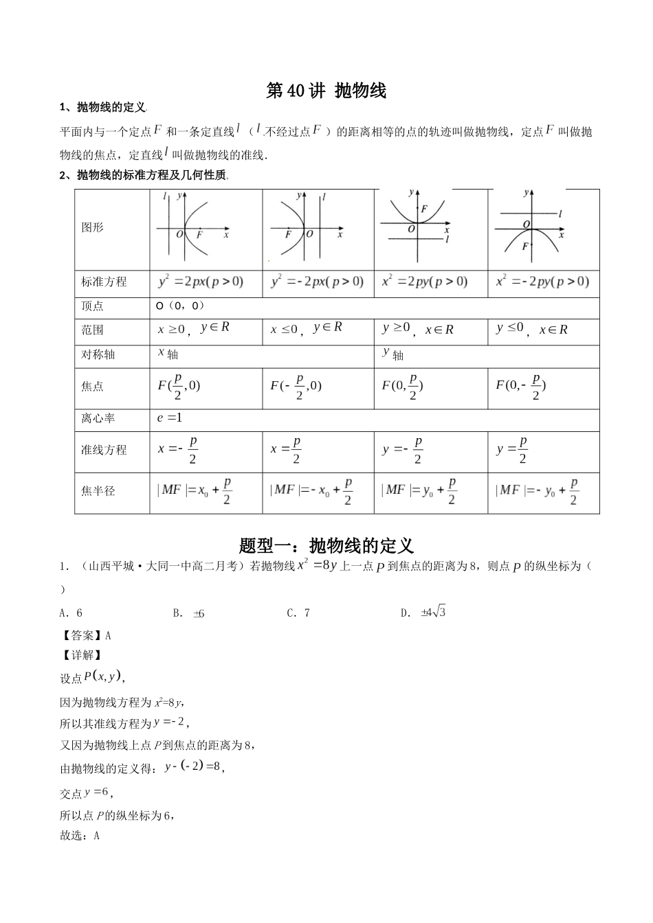 数学一轮复习下册（适合艺术生、基础生）-第40讲 抛物线（解析版）.docx_第1页