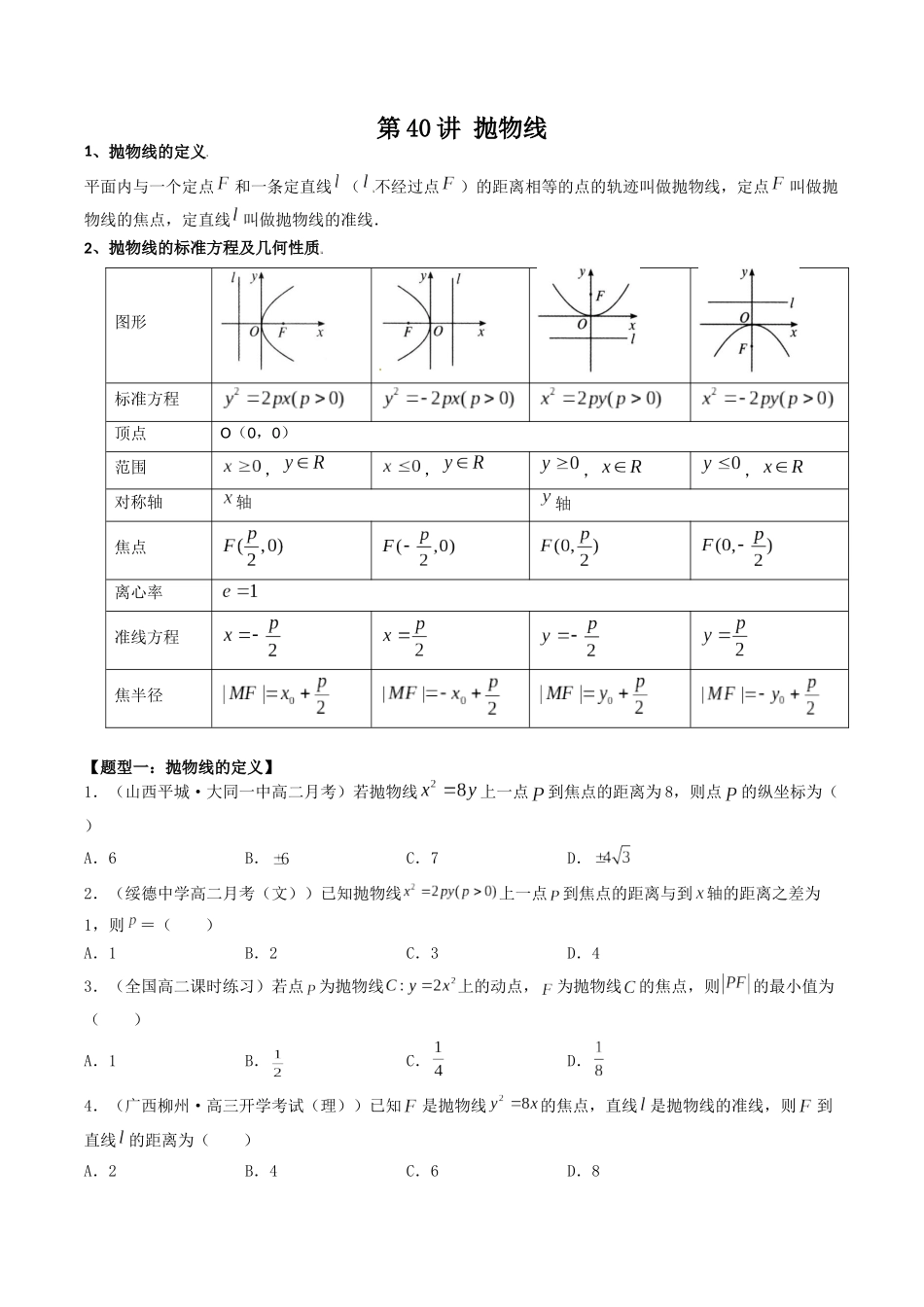 数学一轮复习下册（适合艺术生、基础生）-第40讲 抛物线（原卷版）.docx_第1页