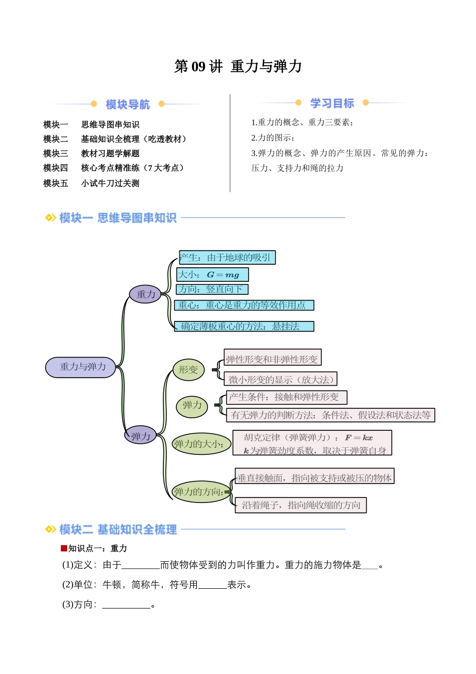 新高一暑假学习提升计划-物理-第09讲 重力与弹力（解析版） .docx_第1页