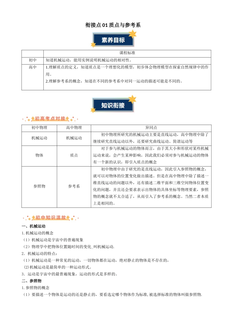 新高一暑假学习提升计划-物理-衔接点01 质点与参考系（解析版）.docx_第1页