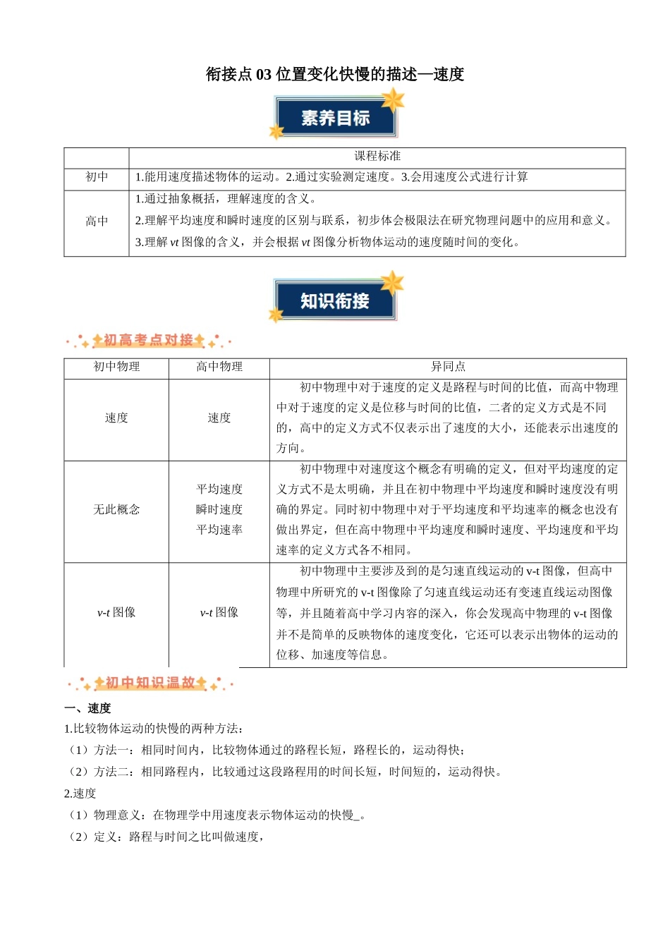 新高一暑假学习提升计划-物理-衔接点03 位置变化快慢的描述—速度（解析版）.docx_第1页