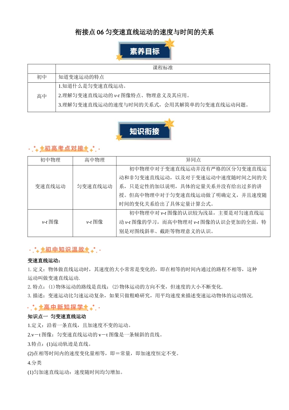 新高一暑假学习提升计划-物理-衔接点06 匀变速直线运动的速度与时间的关系（解析版）.docx_第1页