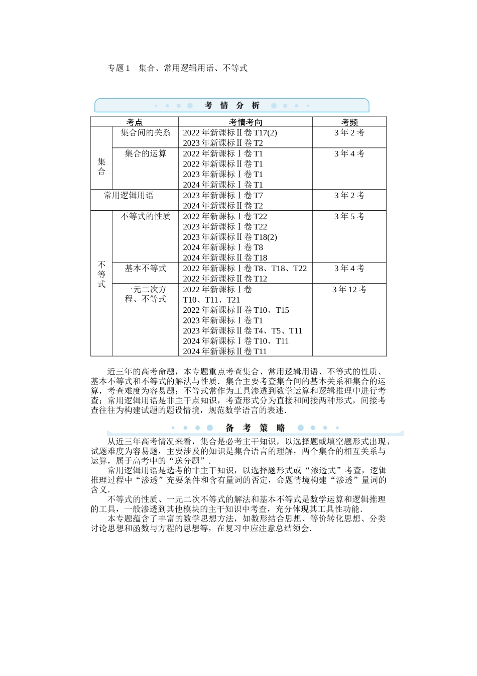 学海导航2026届高考一轮总复习数学提升版专题1　集合、常用逻辑用语、不等式.docx_第1页