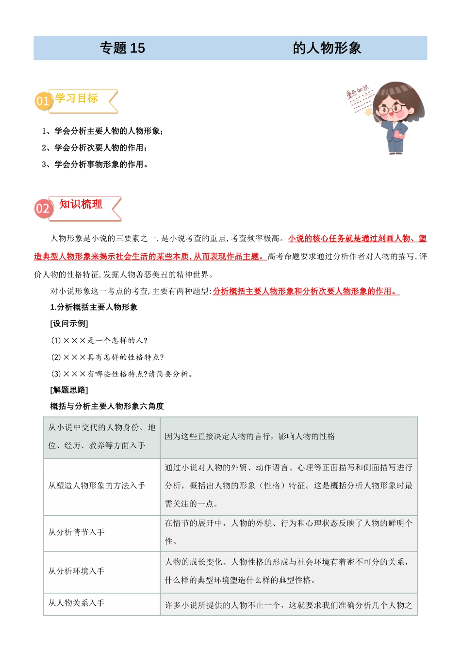 专题15  拓展讲义：小说阅读之鉴赏小说的形象-初升高语文暑假衔接（学生版）.docx_第1页