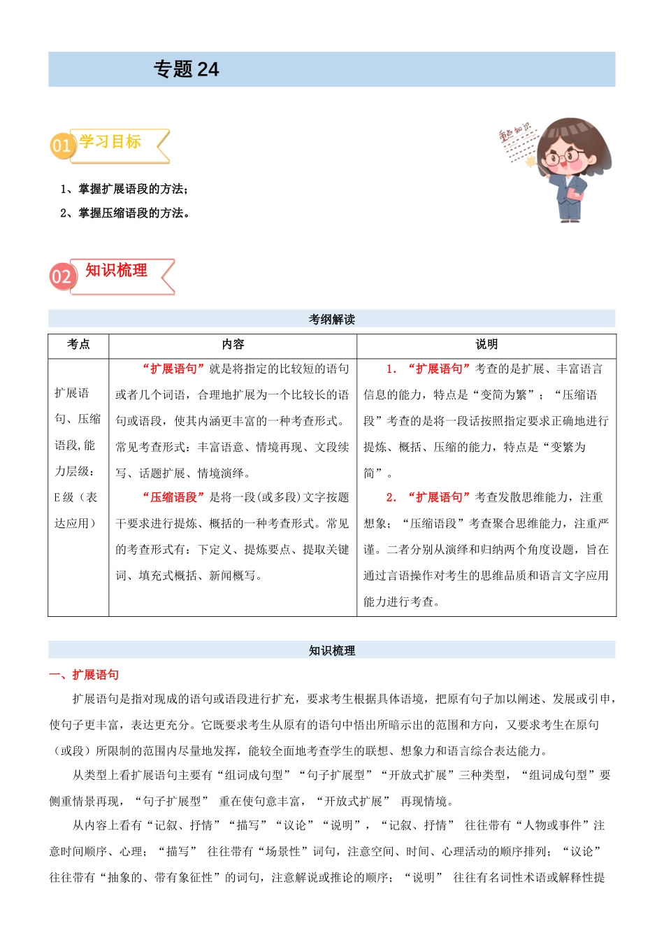 专题24  拓展讲义：语言文字运用之扩展、压缩语段-初升高语文暑假衔接（教师版）.docx_第1页