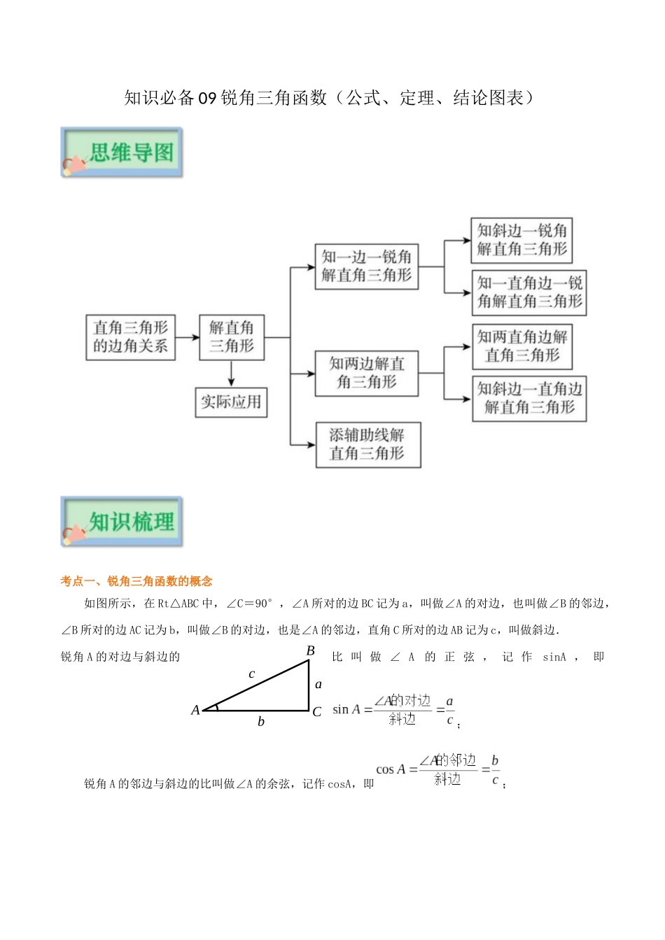 【口袋书】2026年中考数学必背知识手册-知识必备09 锐角三角函数（公式、定理、结论图表）.docx_第1页
