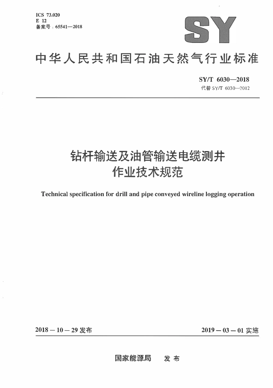 SYT 6030-2018 钻杆输送及油管输送电缆测井作业技术规范.pdf_第1页